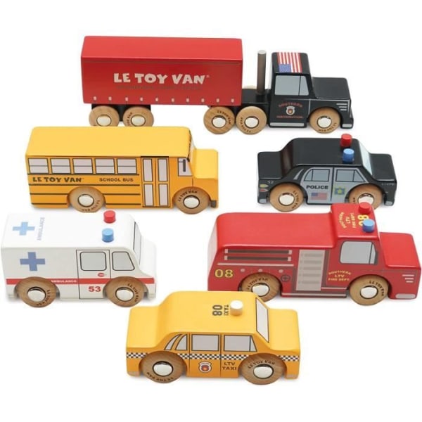 New York träbilar - LE TOY VAN - 6 fordon - Gula och röda - För pojkar från 3 år och uppåt