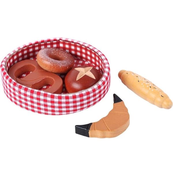 Imitationslegetøj - TANNER - Brødkurv og bagværk - Træ & bomuld - 6 dele - Brun brun
