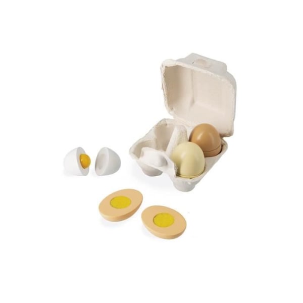 Janod - Box med 4 ägg - 4 ägg med olika öppningssystem - Imitationsleksak - Utbyte och delning - Från 3 år