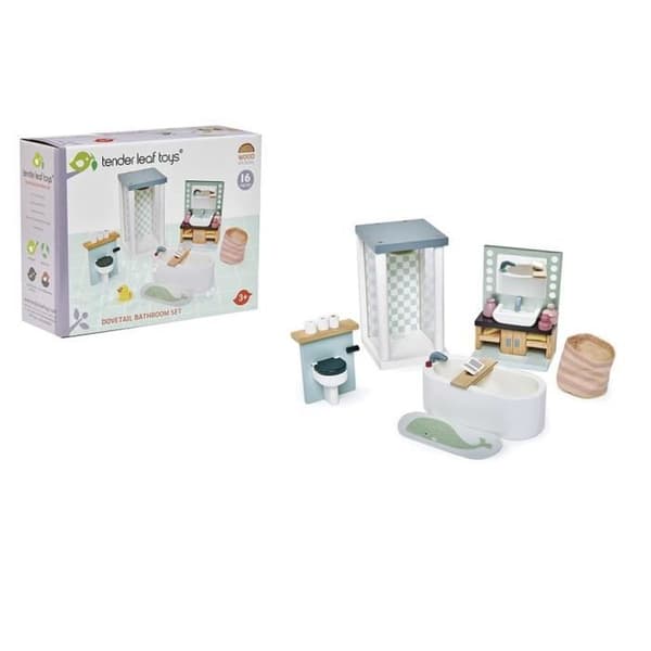 Dockhus tillbehör - TENDER LEAF TOYS - Junior badrum - 16 delar - Trä - Blå Vit
