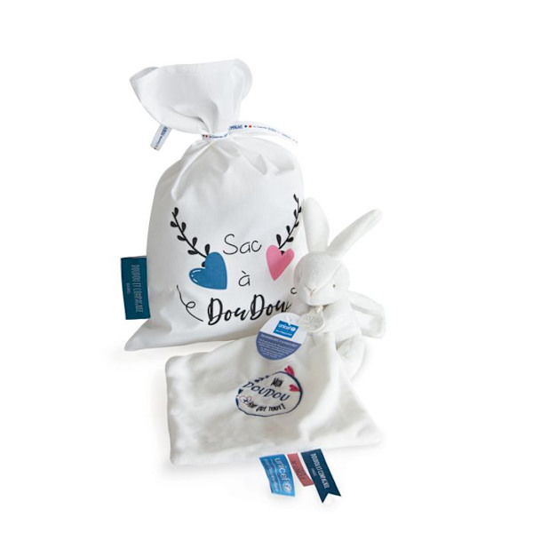 Peluche + pussilaukku Doudou & compagnie Mon Doudou Plus Fort Que Tout - valkoinen - 0/17 cm
