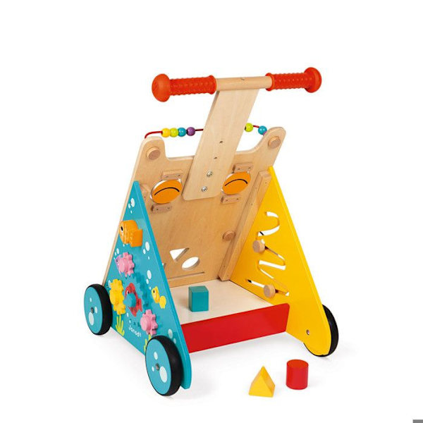 JANOD Wooden Cat Multi-Activity Trolley - Från 12 månader - 8 roliga aktiviteter - Skalbar Gul