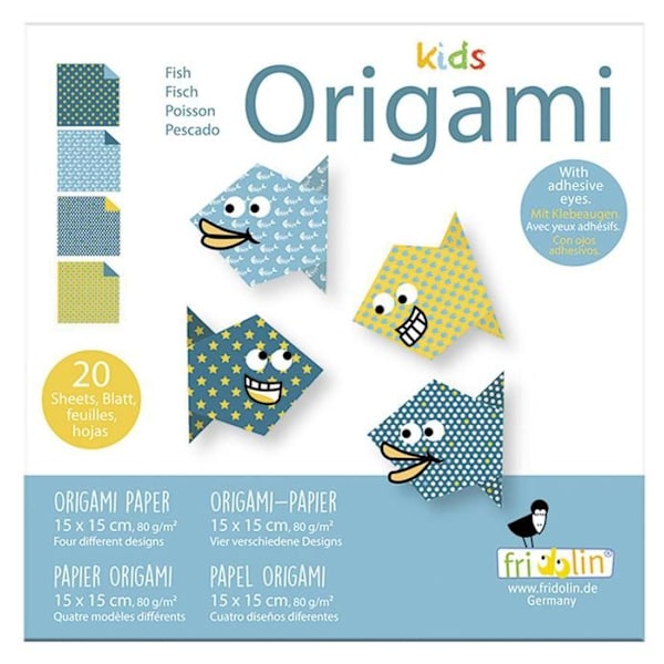 Kit Origami - Fridolin - Fisk - 20 Ark - 4 Mönster - För Barn Från 6 År Blå
