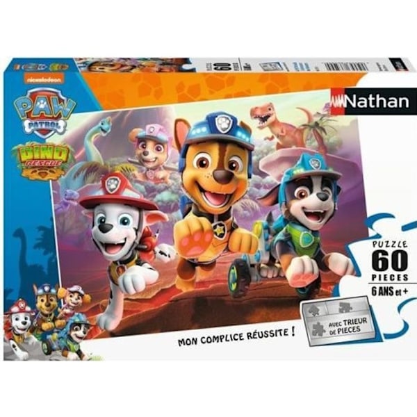 Nathan - 60 bitars pussel - PAW Patrol till dinosauriernas räddning - Barnpussel + Sorterare - Från 6 år Blå