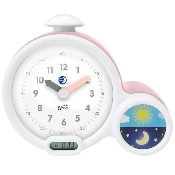 Kid'Sleep - Claessens'Kids - Opettavainen Lasten Herätyskello - Musiikkivalaisin - Päivä/Yö - Vaaleanpunainen rosa och vitt