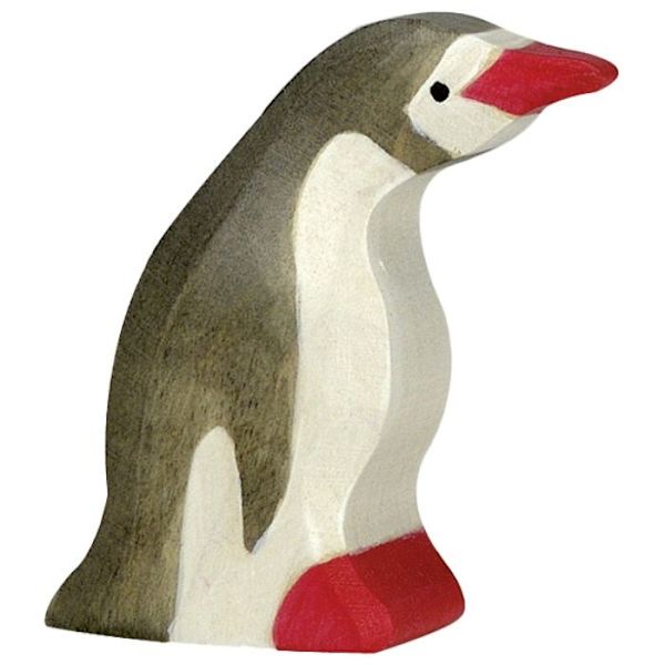 HOLZTIGER träfigur - Liten pingvin med huvudet framåt Grå, vit och röd