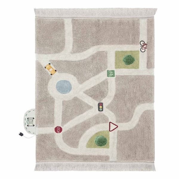 Vaskbart bomuldslegeunderlag til børn - bilbane - 120 x 170 cm beige