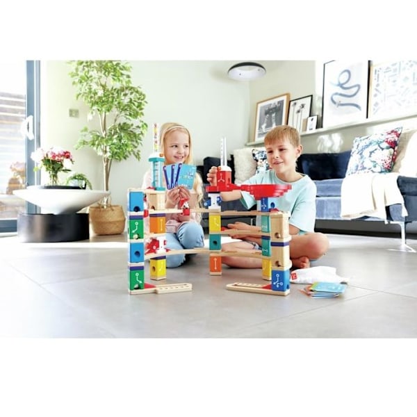 Hape - Circuit av träkulor Quadrilla Kit avancerad kodning - Kit 119 bitar, steg och virvel - Träbyggset för Beige