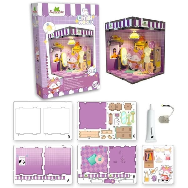 Kreativ kit - SYCOMORE - Chibi Box Räv - Inbyggd belysning - Trä- och plexi-element - Från 8 år Violett