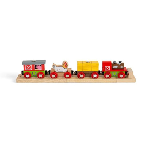 Lelu - Bigjigs Toys - Maatilapuinen juna - 1 veturi - 3 vaunua - 3 puisia kiskoja Röd
