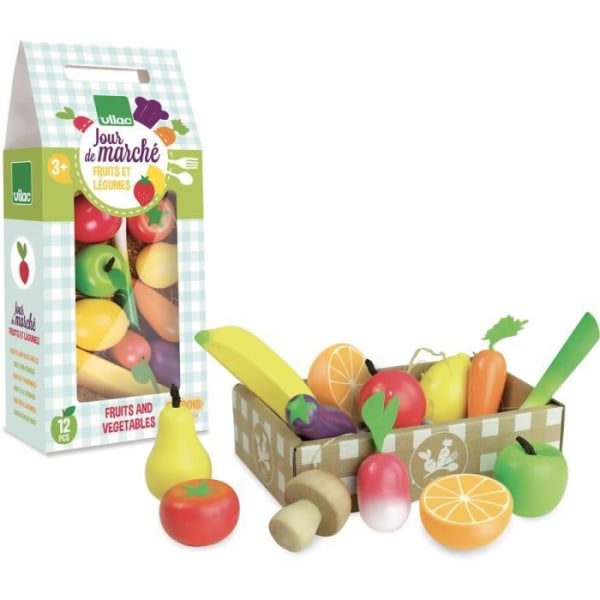 Frukt- och grönsaksset i trä - VILAC - Marknadsdag - 12 stycken - Blå - Leksak