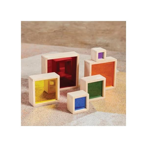 Sensorisk leksak - GUIDECRAFT - Nestande pyramid spegelset - 6 pyramider - färgade speglar fram/bak - hållbart trä beige