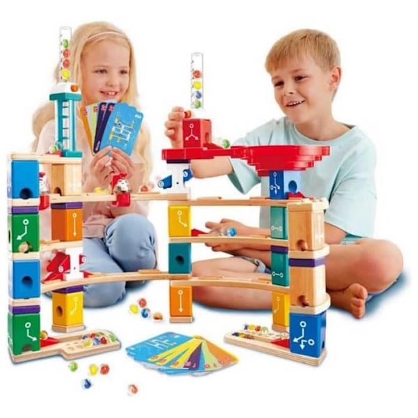 Hape - Circuit av träkulor Quadrilla Kit avancerad kodning - Kit 119 bitar, steg och virvel - Träbyggset för Beige