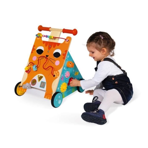 JANOD Wooden Cat Multi-Activity Trolley - Från 12 månader - 8 roliga aktiviteter - Skalbar