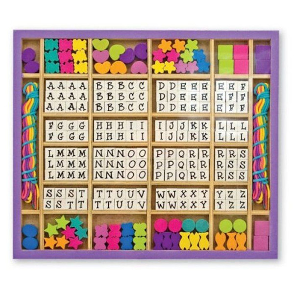 Träpärlor satt till tråd - MELISSA & DOUG - Box med 200 pärlor - Färgglada bokstäver och former Flerfärgad
