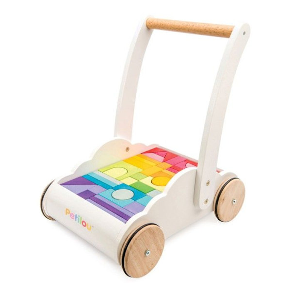 Le Toy Van Petilou Baby Rainbow Cloud Walker är en baby i en unik, mjuk molnformad rollator med 45 träklossar e Regnbåge