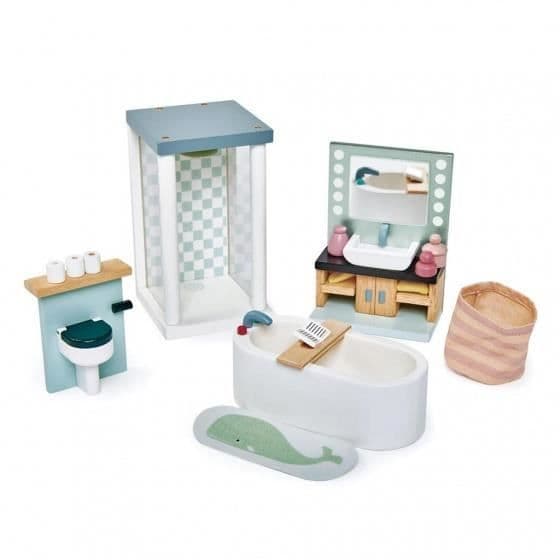 Dockhus tillbehör - TENDER LEAF TOYS - Junior badrum - 16 delar - Trä - Blå Vit