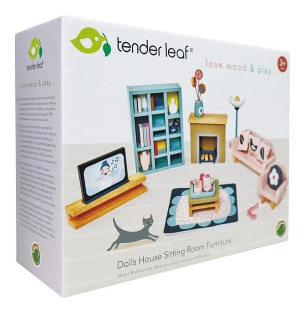 Dukkehus tilbehør - Tender Leaf Toys - Junior dukkehus stue - 33 dele - Træ - Blandet beige