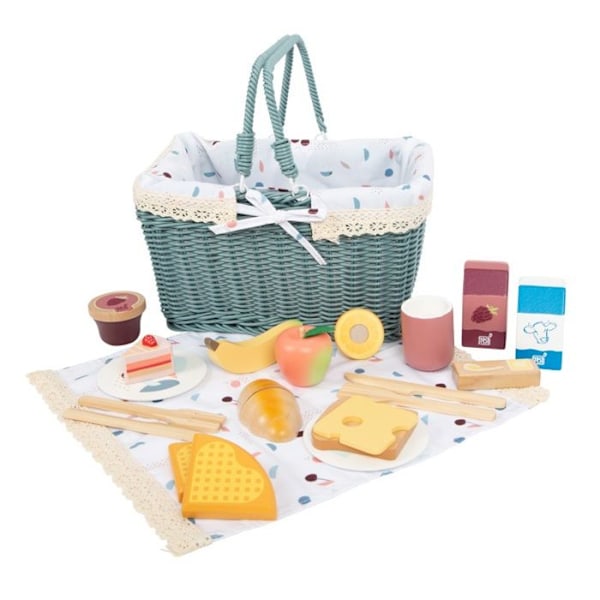 Flätad picknickkorg träleksak frukt grönsaksdinett för barn Från 3 år Blå