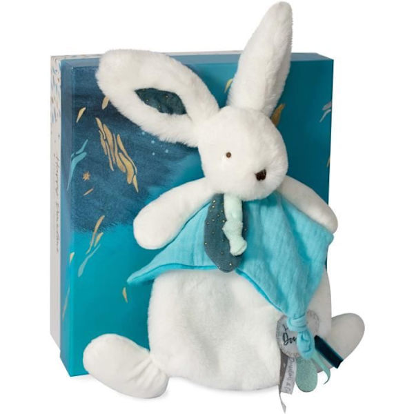 Doudou et Compagnie - Doudou Rabbit -25 cm - Vit / påfågelblå - Peacock Pompom Rabbit - Presentidé - Happy Pop - Happy Doudou To You blå anka