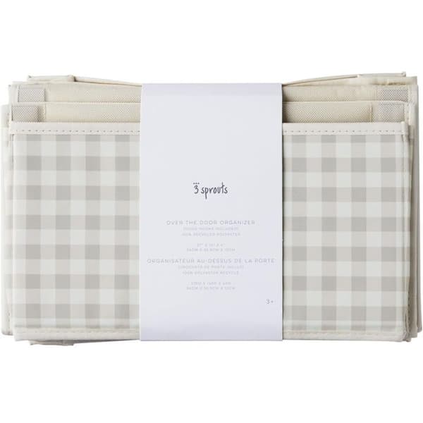 Seinähylly - 3 SPROUTS - Vichy beige - Ripustetaan ilman porausta - 4 suurta taskua - Kierrätetty polyesteri beige