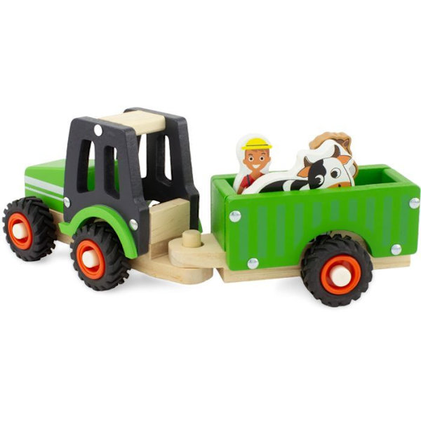 Träleksak - Ulysse - Grön traktor och släp - 3 figurer - Gummihjul - 12 månader och uppåt Grön