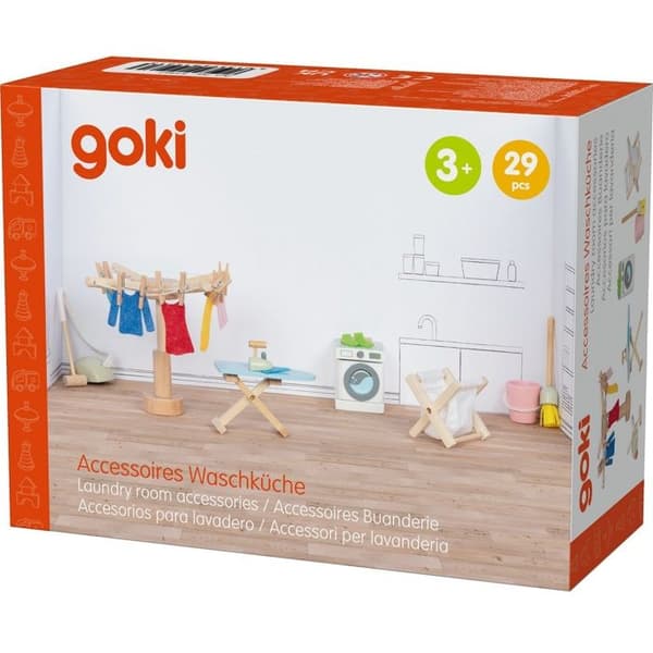 Miniature møbler - GOKI - Goki - Vaskerum sæt til dukkehus - Træ og tekstil - 29 dele beige