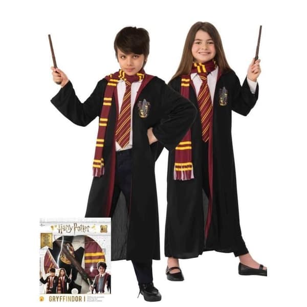 Harry Potter kostume - Gryffindor kappe, tørklæde, slips og tryllestav - Barn - Rubies Sort, rød og gul