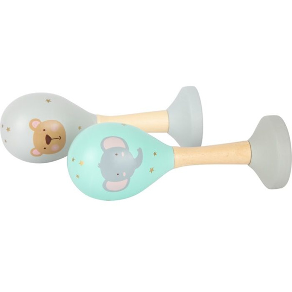 Slaginstrument - Rumbakoule - Set med 2 pastellfärgade träkulor - För baby - Ø4,5 x L13 cm Beige, blå och grå