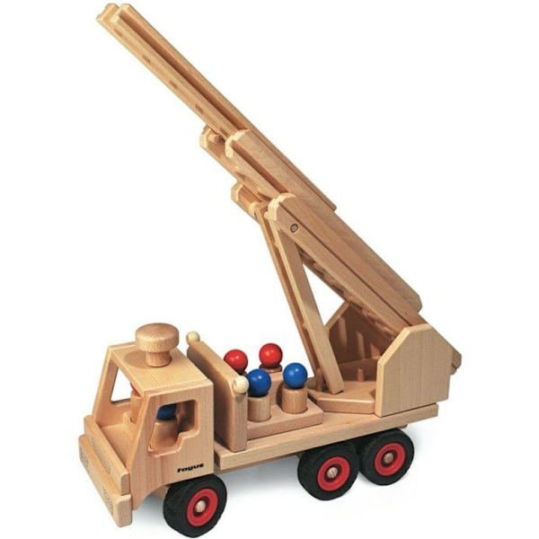 Puu lelu - Fagus - Palokunta auto - 40 cm - 6 hahmoa - Laajennettavan asteikko 360° Beige