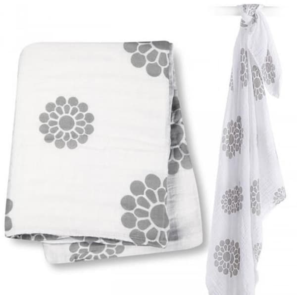 Lang muslin i bomuld - Lulujo - Grå blomster - 120x120 cm - Unisex Grå