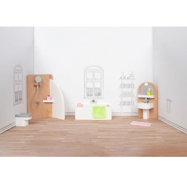 Dukkehuse - Badeværelse - Træbadekar - 10 dele - Dimensioner 11,2x6,2x6 cm beige