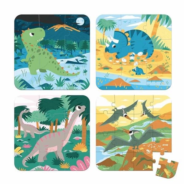 4 Puslespil Dinosaurer i evolution - Version lavet i Frankrig Flerfärgad