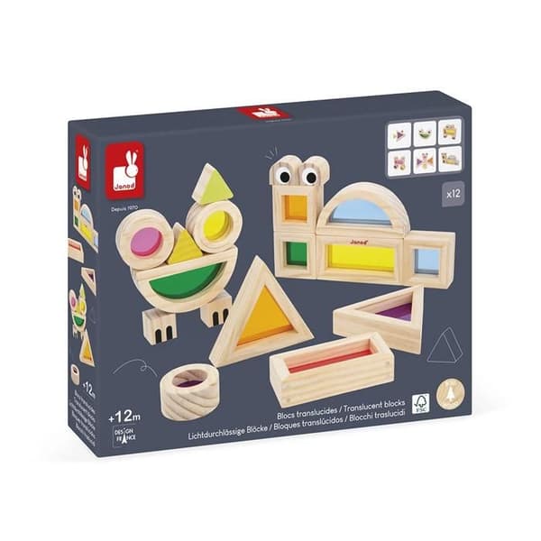 Sensorisk leg - Janod - Translucente sensoriske blokke - 18 dele - 12 geometriske former - 6 trykte blokke beige