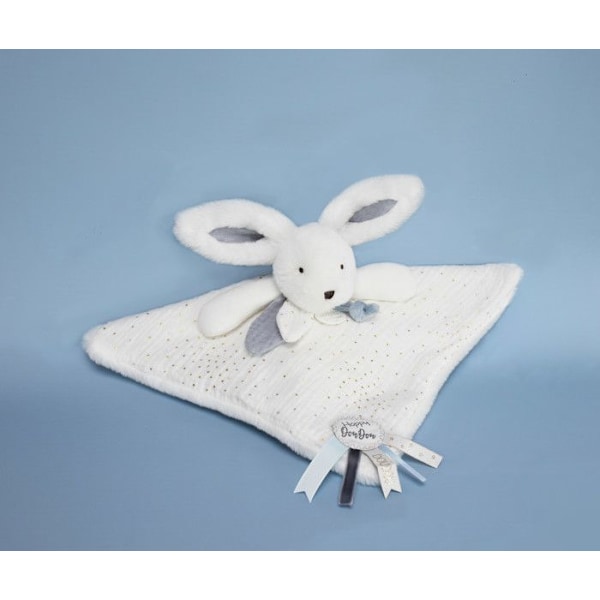 Doudou et Compagnie - Doudou kanin - 25 cm - vit / blå - vit Pompom kanin - presentidé - Happy Glossy - Happy Doudou To You