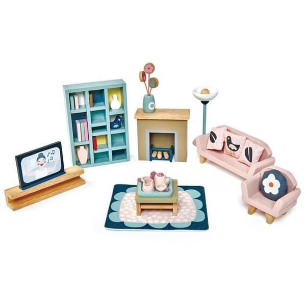Dukkehus tilbehør - Tender Leaf Toys - Junior dukkehus stue - 33 dele - Træ - Blandet beige
