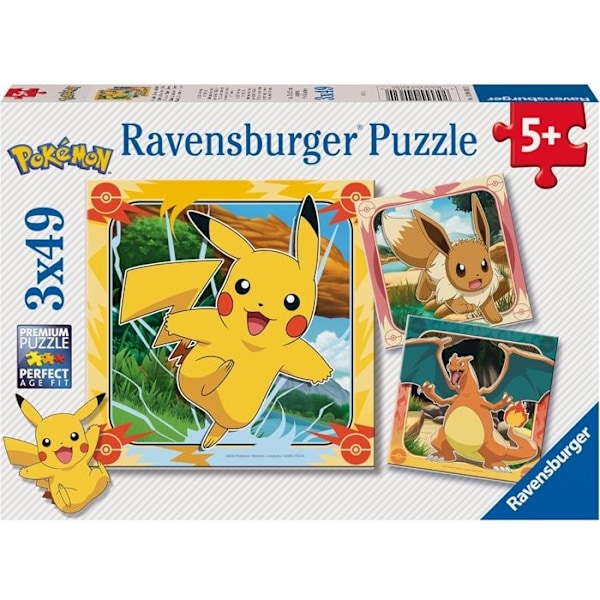Pussel Barn - RAVENSBURGER - Set med 3 pussel med 49 bitar - Pikachu, Dracaufeu, Evoli - Från 5 år - Unisex Flerfärgad