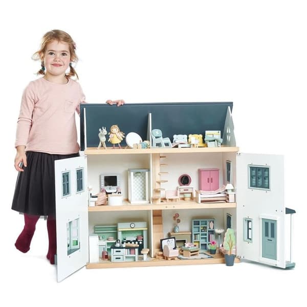 Dukkehus tilbehør - TENDER LEAF TOYS - Junior badeværelse - 16 dele - Træ - Blå Vit