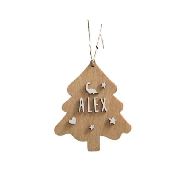 Julepynt - Tilpasseligt træ - Naturligt træ - Hvide bogstaver - 12 cm Beige