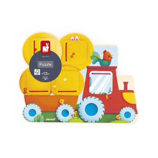 Puzzle Cache-Cache Traktor i Træ - 5 Døre at Åbne - Udvikler Finmotorik - Fra 12 Måneder Apelsin