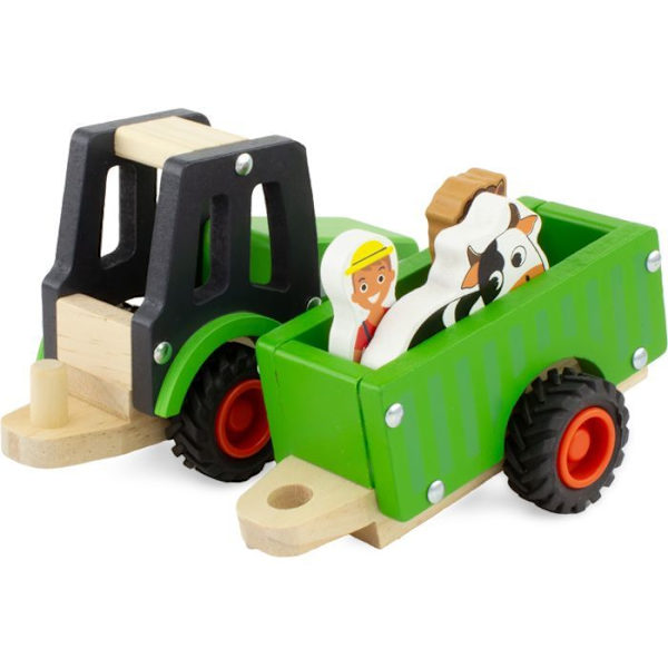 Träleksak - Ulysse - Grön traktor och släp - 3 figurer - Gummihjul - 12 månader och uppåt Grön