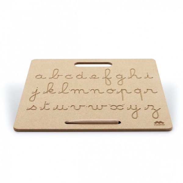 Kirjoitustabletti - Mazafran - Montessori - 29x29 cm - Puinen kynä - Kirjainten oppiminen kastanj