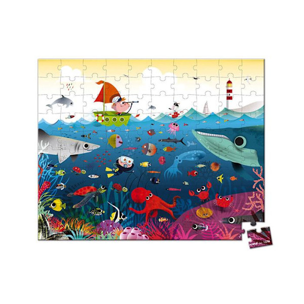 Puzzle 100 palapeliä Janod Meri-maailma - Pyöreä laukkuna, mukana juliste