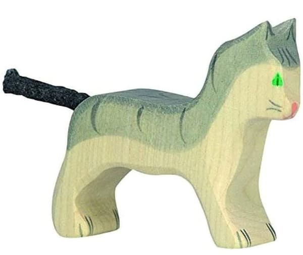 Håndmalet træfigur HOLZTIGER - Lille grå kat Grå, beige, svart och grön