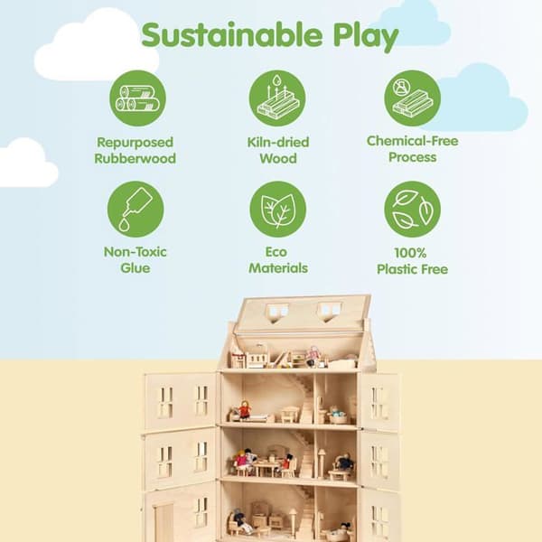 Dukkehus - PLAN TOYS - Reference PT7167 - Viktoriansk 4 niveauer - Genanvendt gummitræ - Skydedøre beige