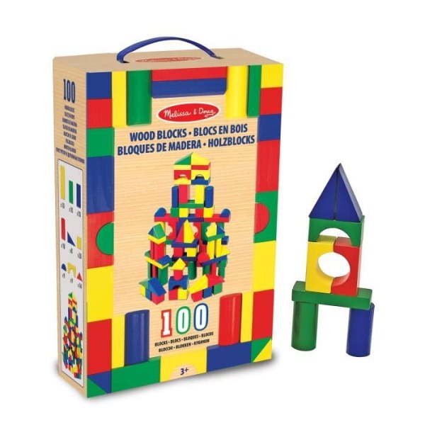 Träblock - MELISSA &amp; DOUG - 100 block i 4 färger och 9 former