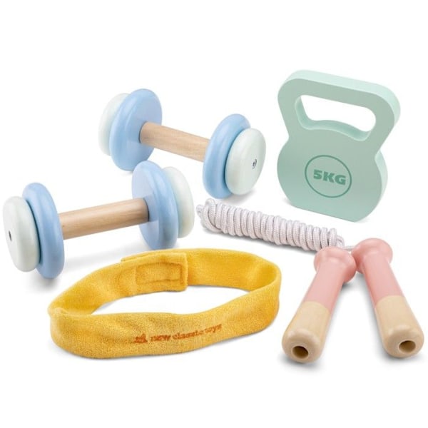 Fitnessset i trä - New Classic Toys - 3 år - 2 hantlar - Kettlebell - Hopprep Vit