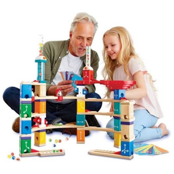 Hape - Circuit av träkulor Quadrilla Kit avancerad kodning - Kit 119 bitar, steg och virvel - Träbyggset för Beige