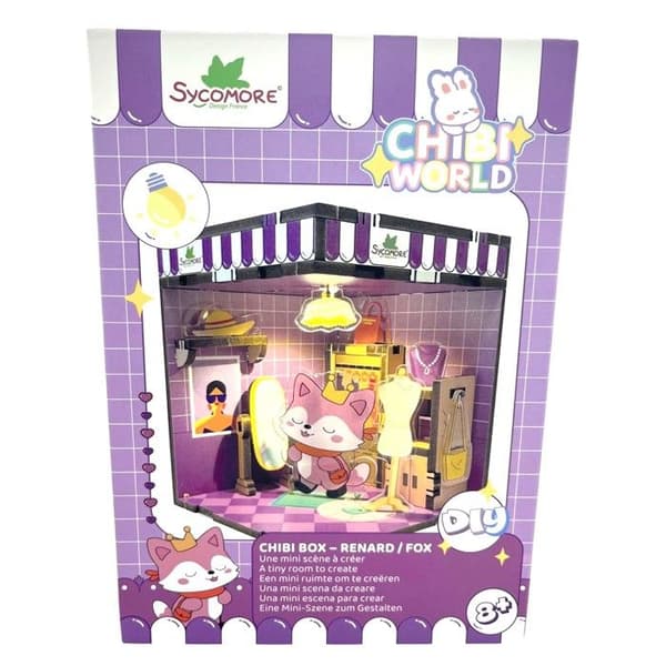 Kreativ sæt - SYCOMORE - Chibi Box Kat - Mini Kawaii scene - Indbygget lys - Træ & plexi Violett