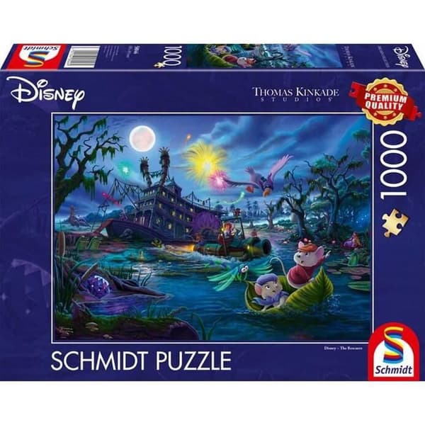 Puslespil - SCHMIDT SPIELE - Redderne Bernard og Bianca - 1000 brikker - 69,3 x 49,3 cm - Thomas Kinkade samling Blå
